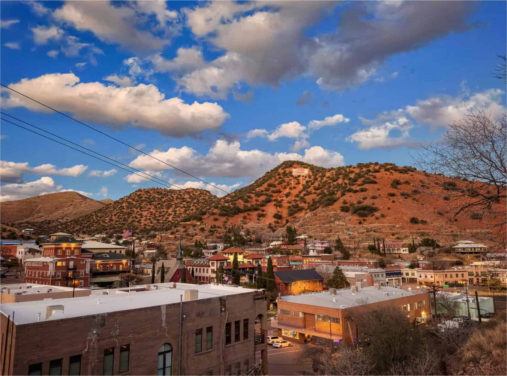 The town of Bisbee climbing the desert hillside in Bisbee, Arizona