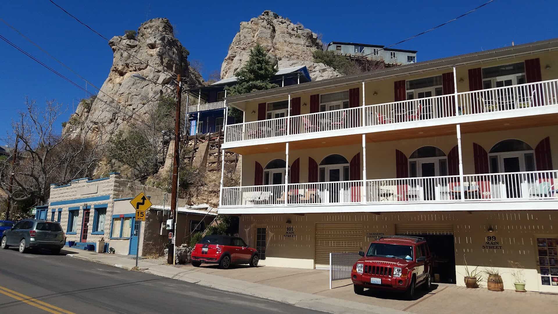 Historic hotel below the canyon cliffs in Bisbee, Arizona