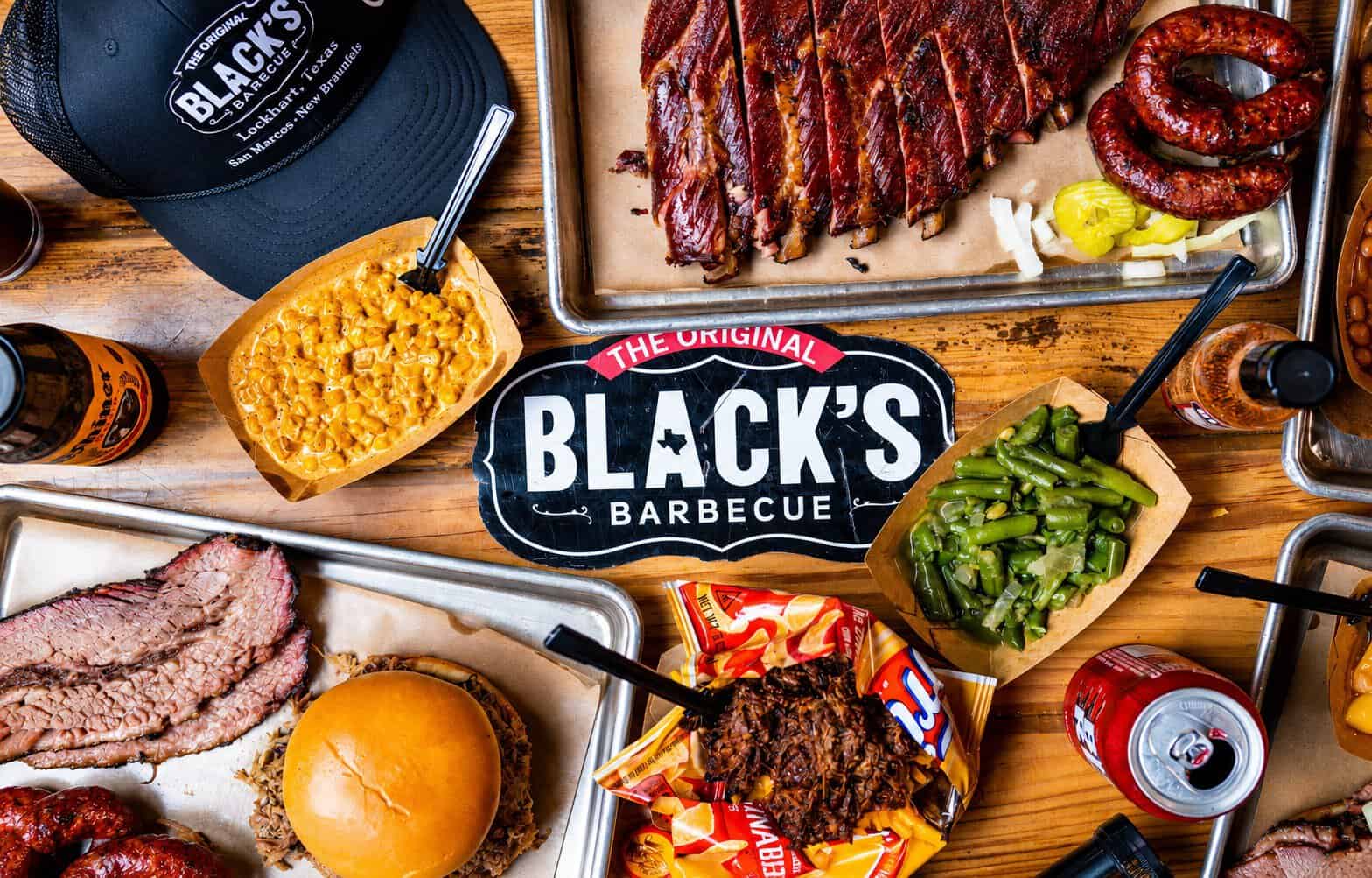 Barbecue tray with ribs, sausage and sides at Black's Barbecue in Lockhart, Texas