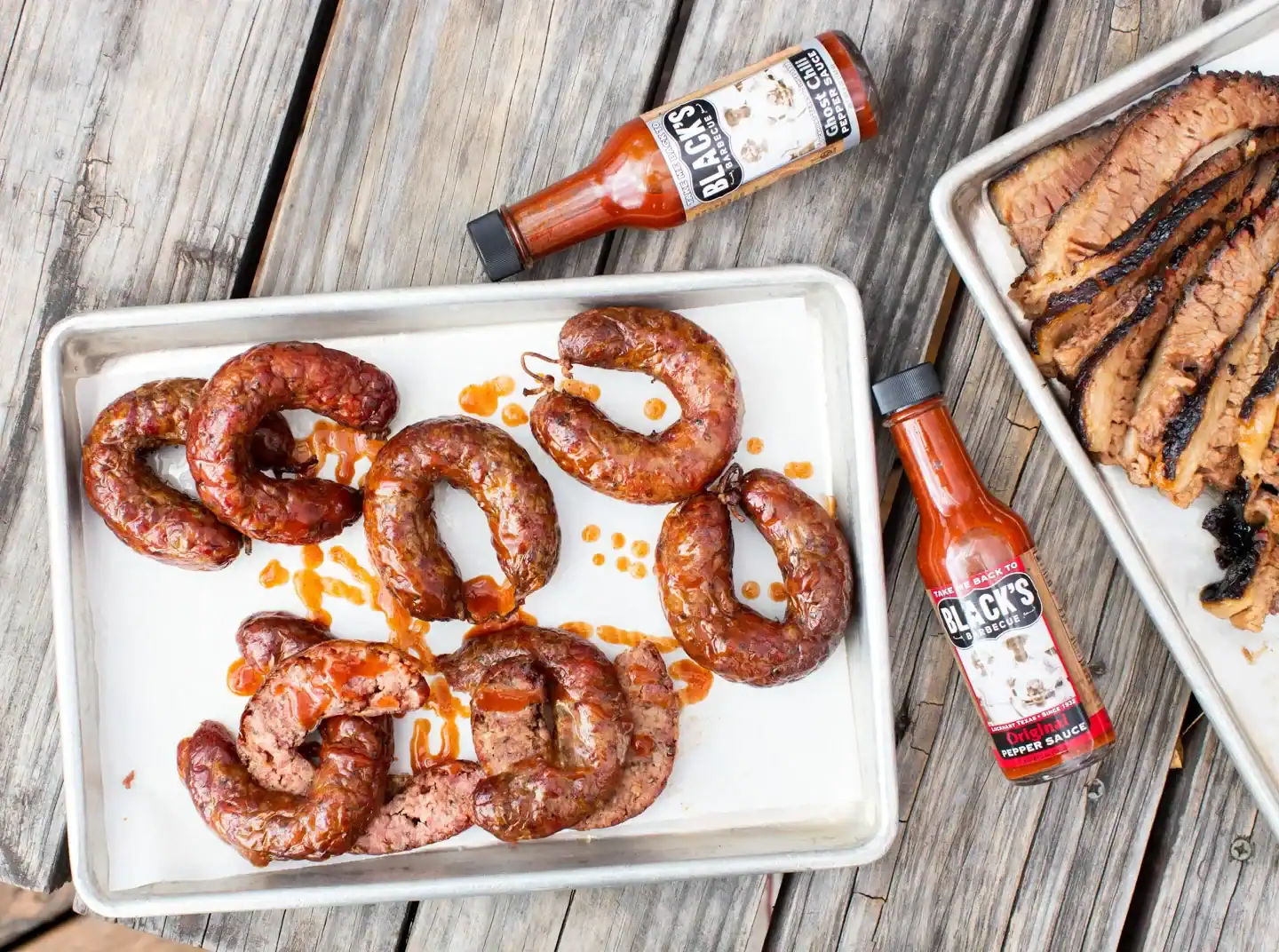 Brisket and sausage tray at Black's Barbecue in Lockhart