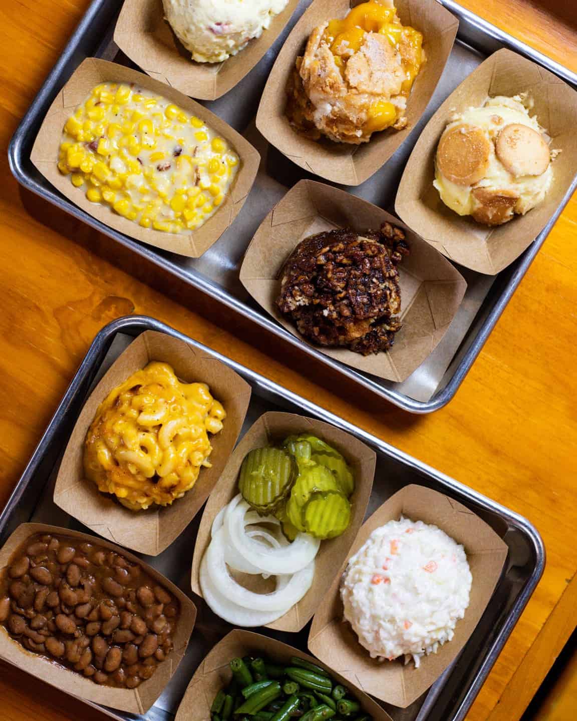 Overhead view of barbecue plates and sides at Black's Barbecue in Lockhart, Texas