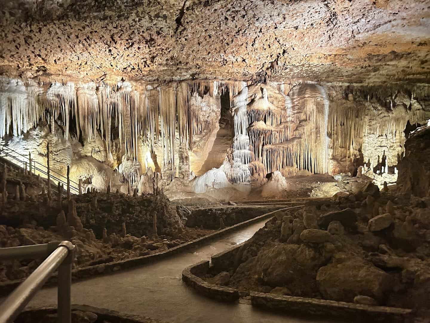 Illuminated dripstone formations inside Blanchard Springs Caverns near Mountain View, Arkansas
