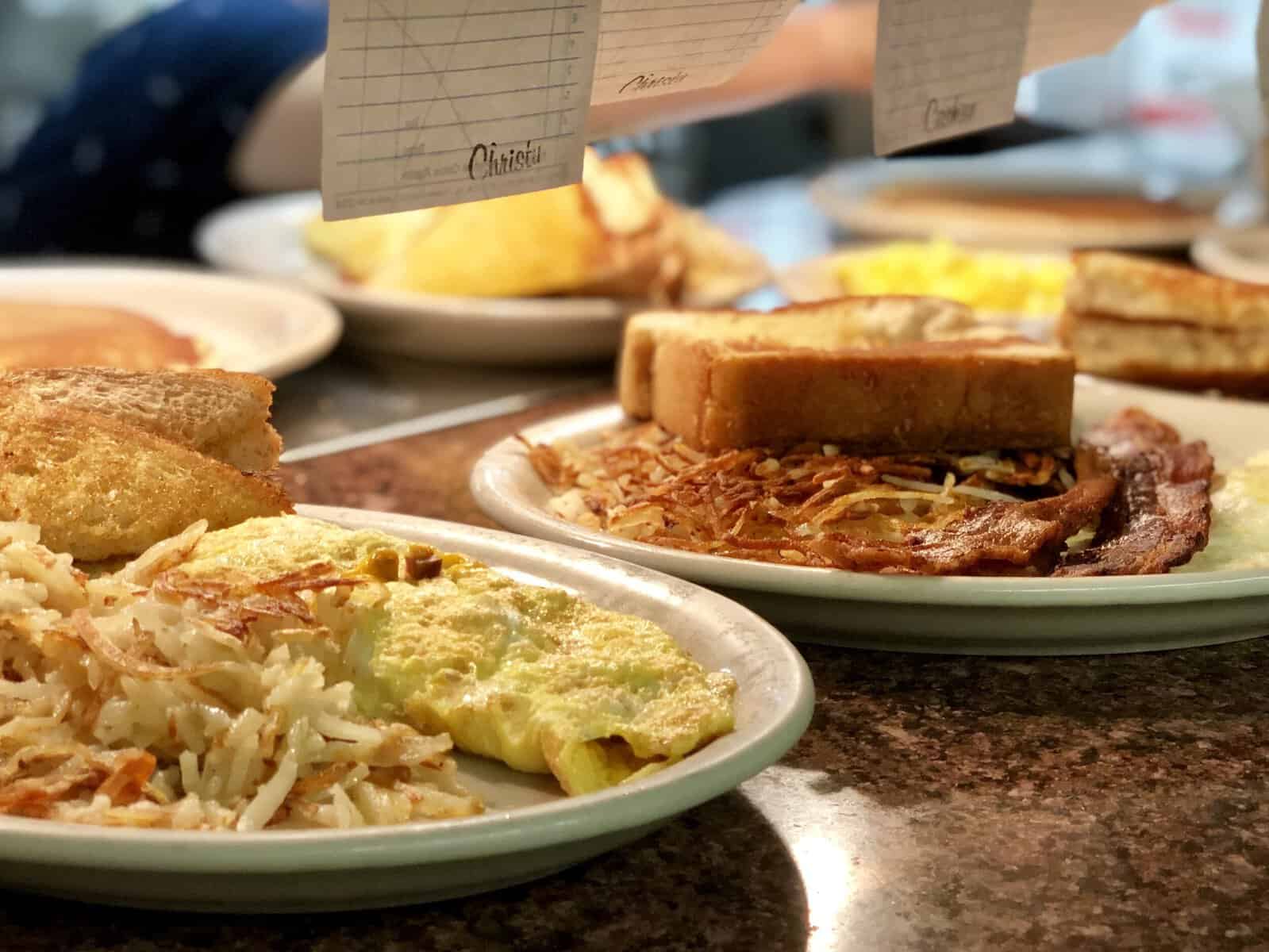 Breakfast plate with eggs, hashbrowns, and toast at Blue Bonnet Cafe in Marble Falls