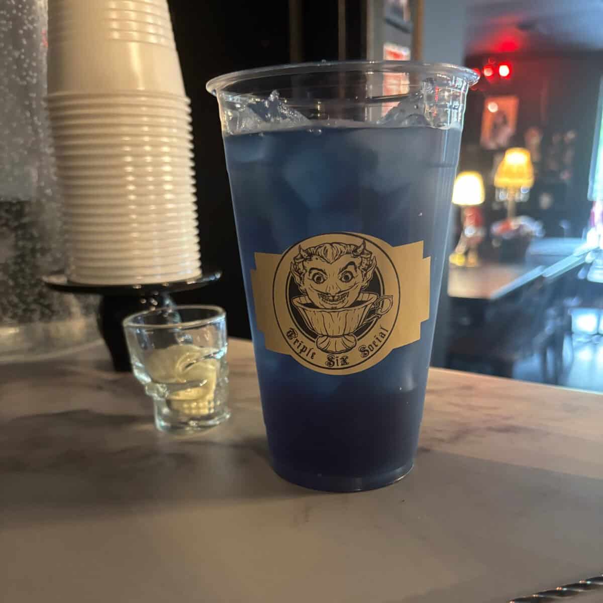 Blue specialty drink at Triple Six Social in San Marcos
