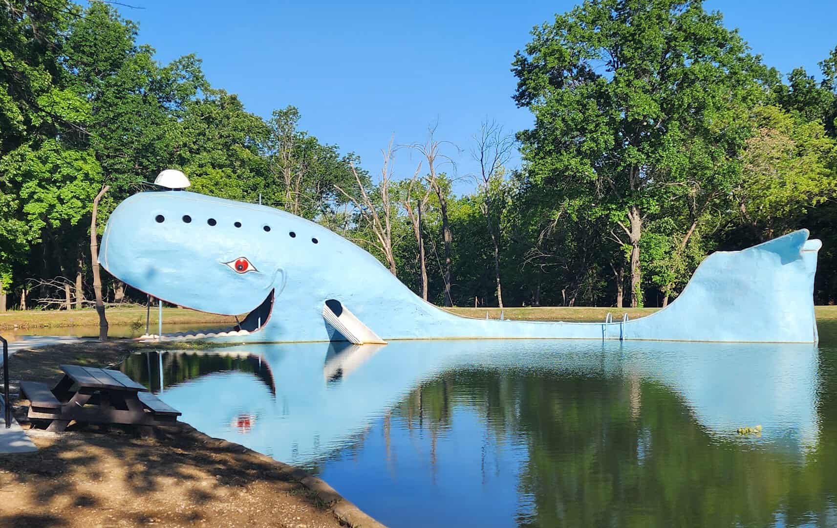 The Blue Whale of Catoosa, a giant smiling concrete whale on a pond along Route 66 in Oklahoma