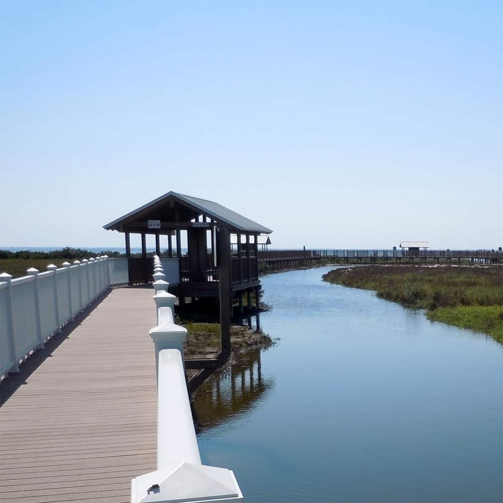 Elevated boardwalk over the marsh leading to a shaded bird blind at South Padre Island Birding and Nature Center