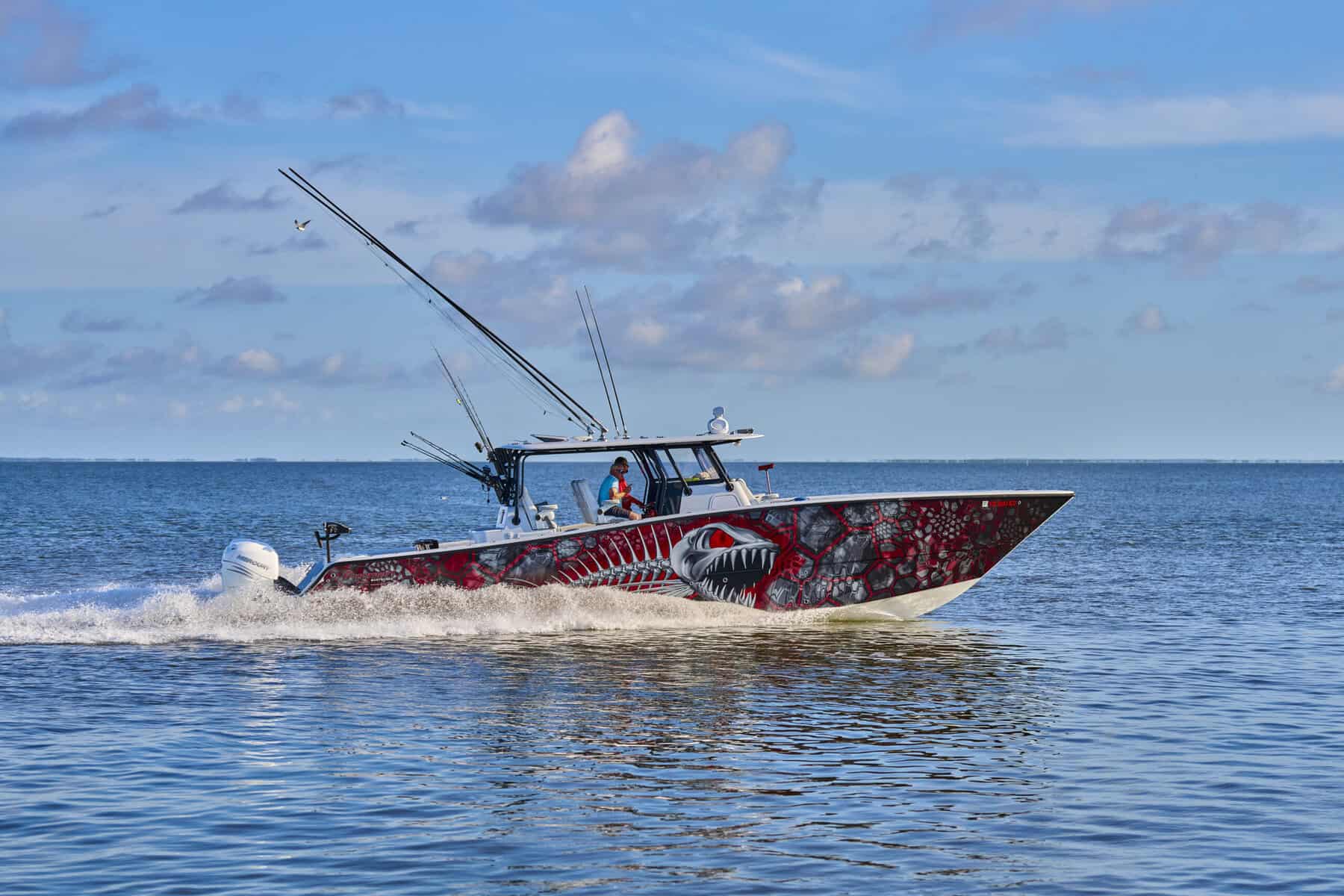 A boat on the water near Stingaree Restaurant and Marina in Crystal Beach