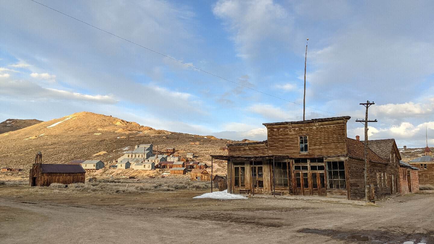 Weathered wooden buildings on the main street of Bodie ghost town, California