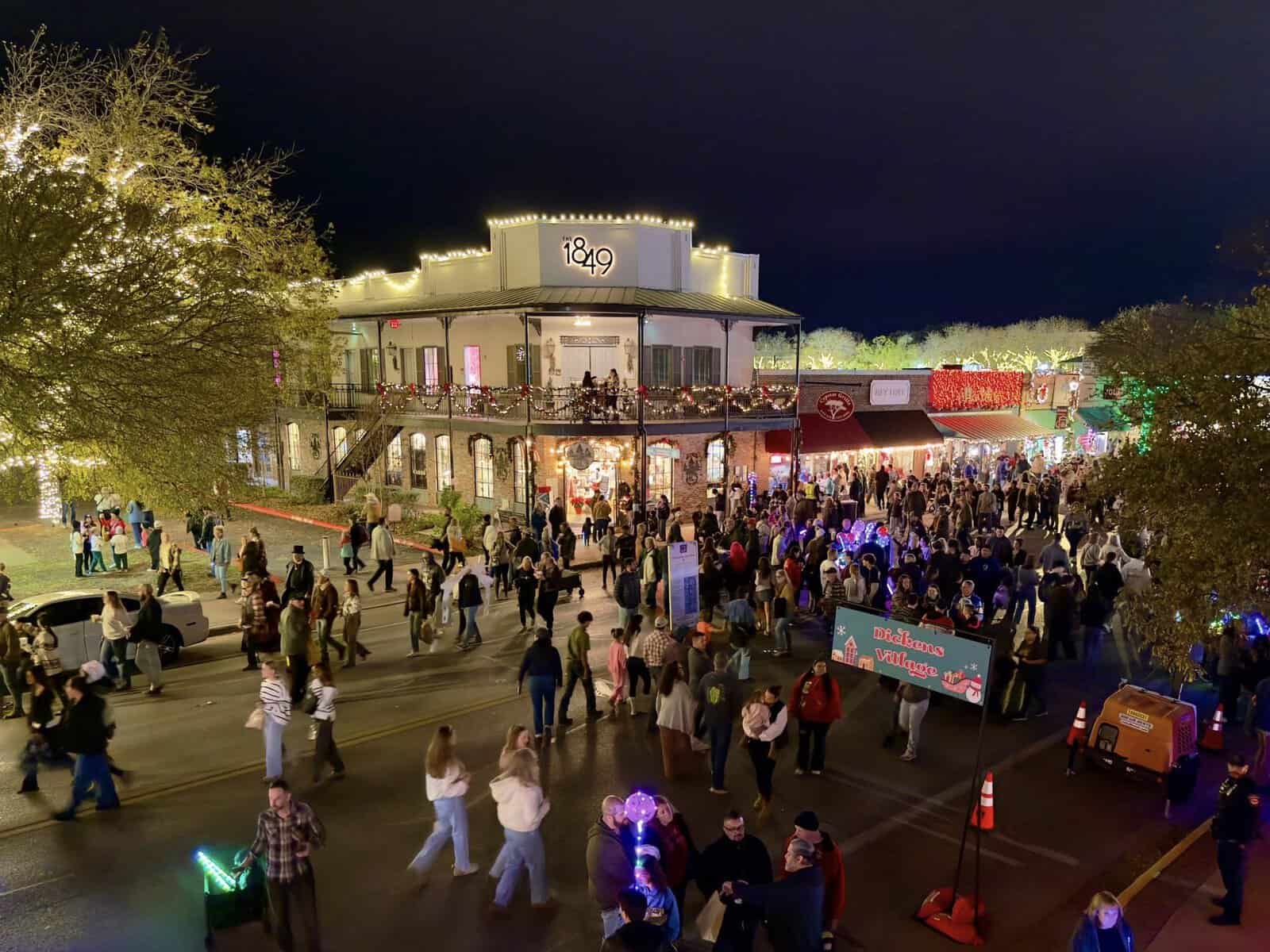 Historic Hauptstrasse Main Street lit up in Boerne, Texas