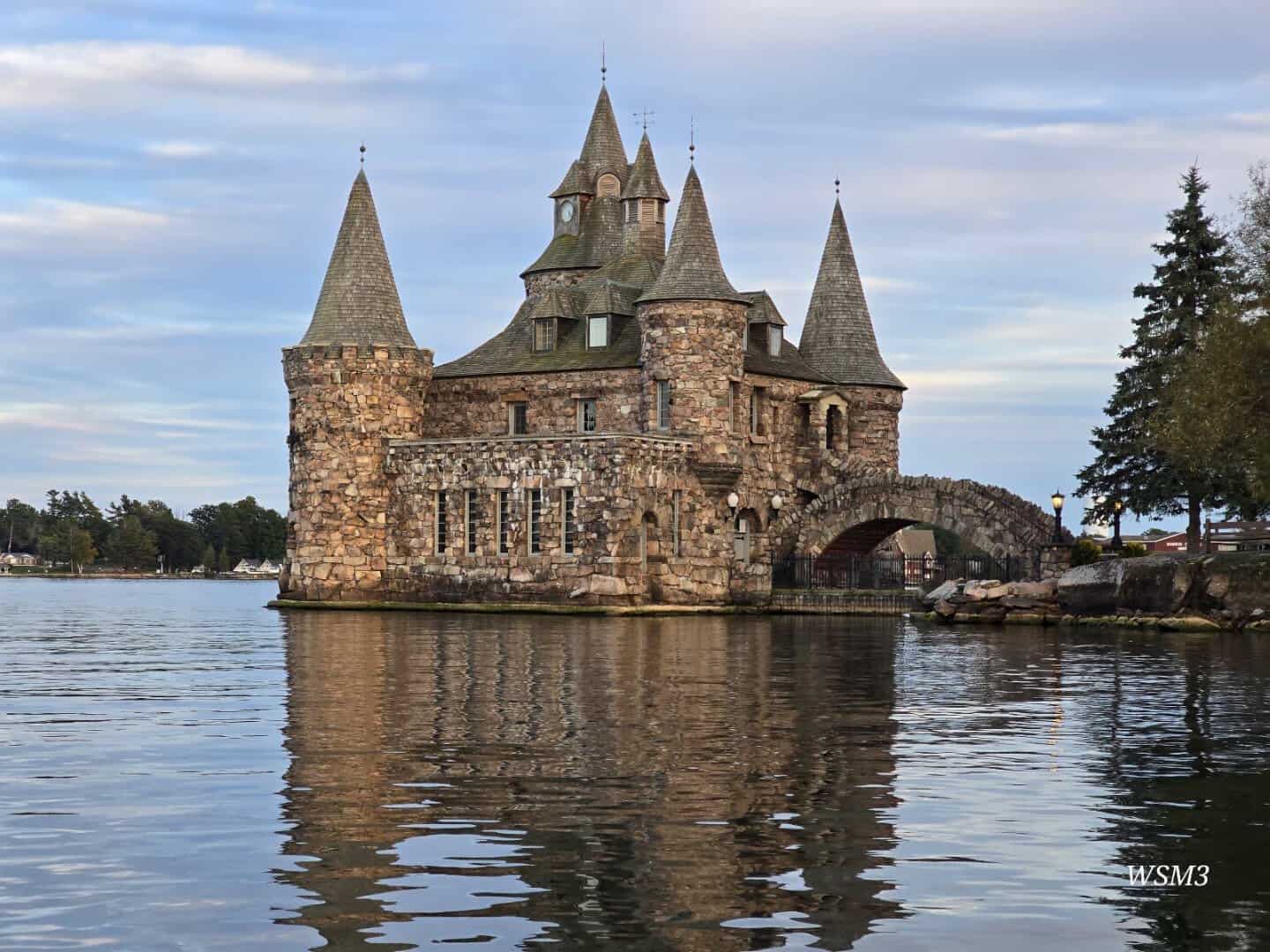 Boldt Castle with its stone arch bridge over the water in the Thousand Islands, New York