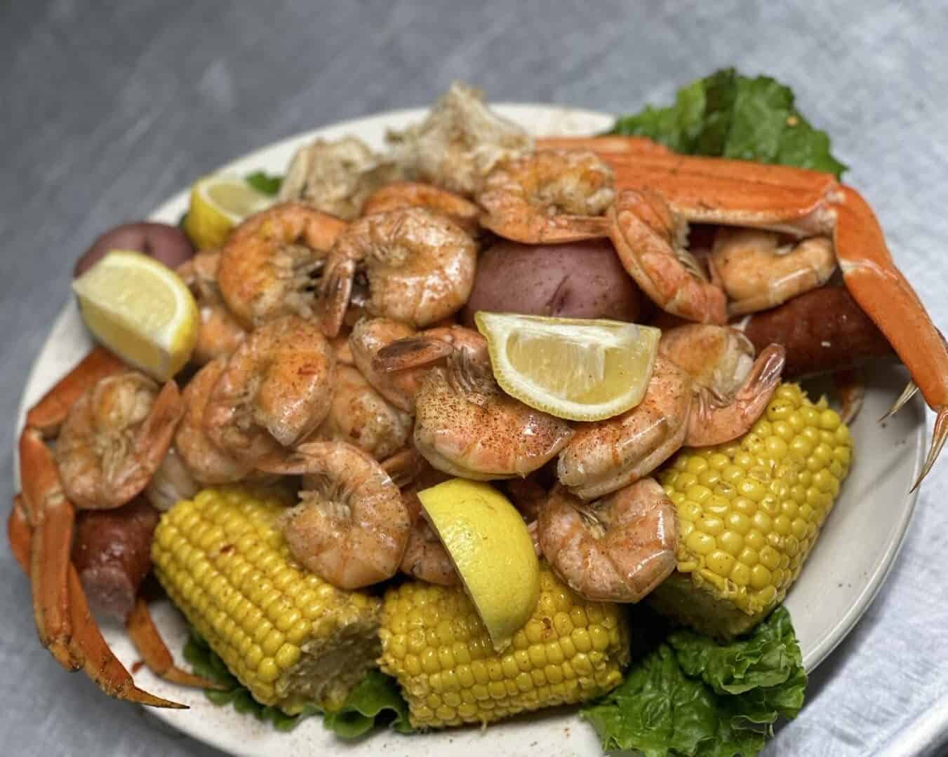Bolivar Boiler shrimp and crab boil with corn at Stingaree in Crystal Beach, Texas