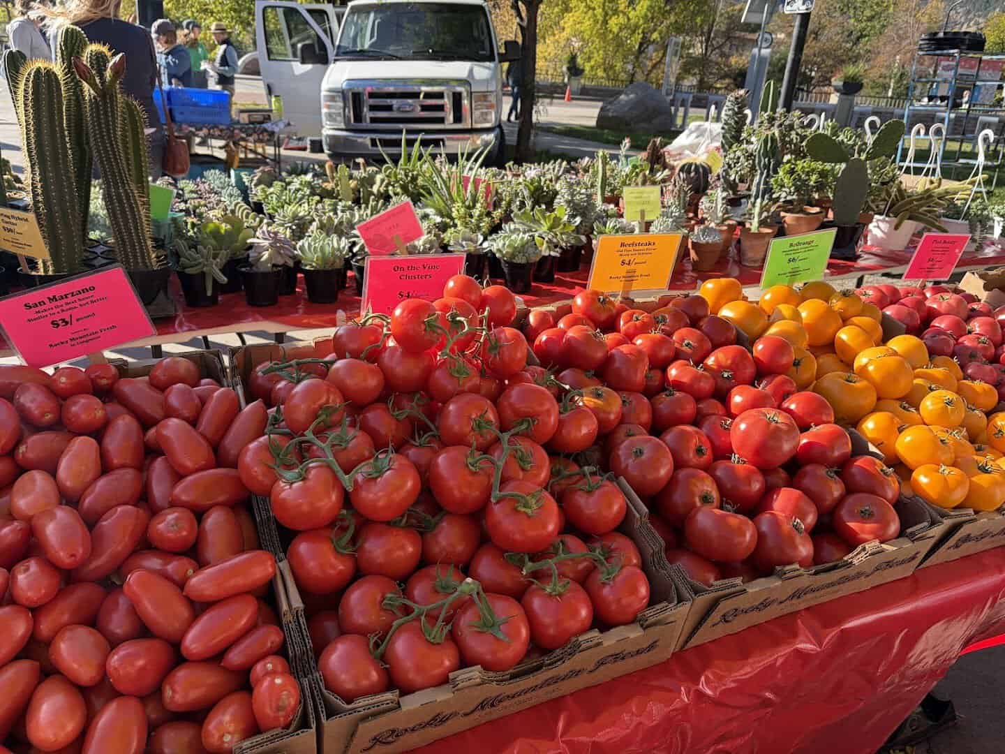 Fresh tomatoes and oranges at a produce stall at the Boulder Farmers Market in Colorado