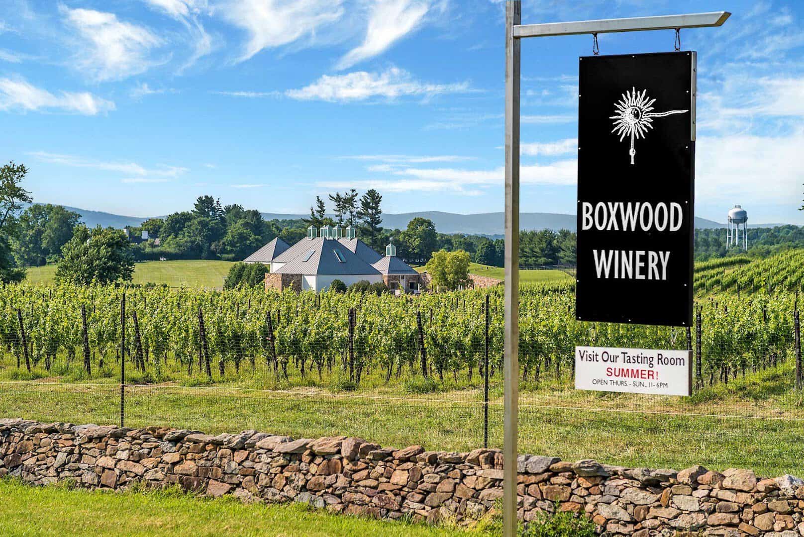 Boxwood Winery sign and vineyard in Middleburg, Virginia