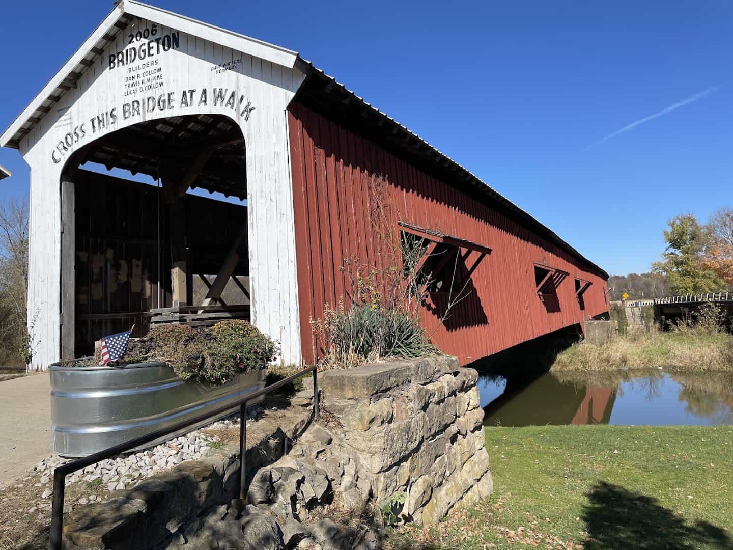 Bridgeton Covered Bridge over the waterfall dam in Parke County, Indiana