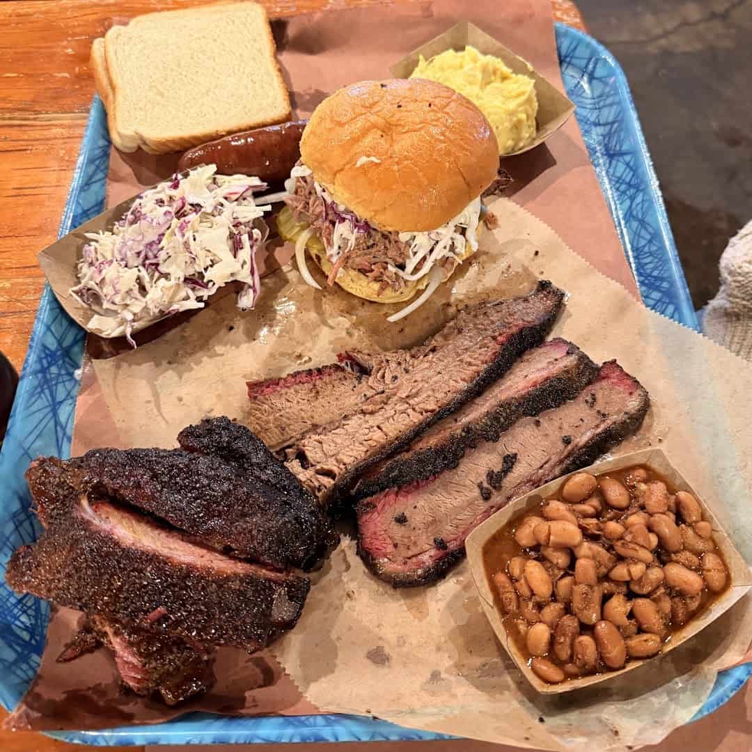 smoked brisket and sausage tray at Franklin Barbecue in Austin Texas