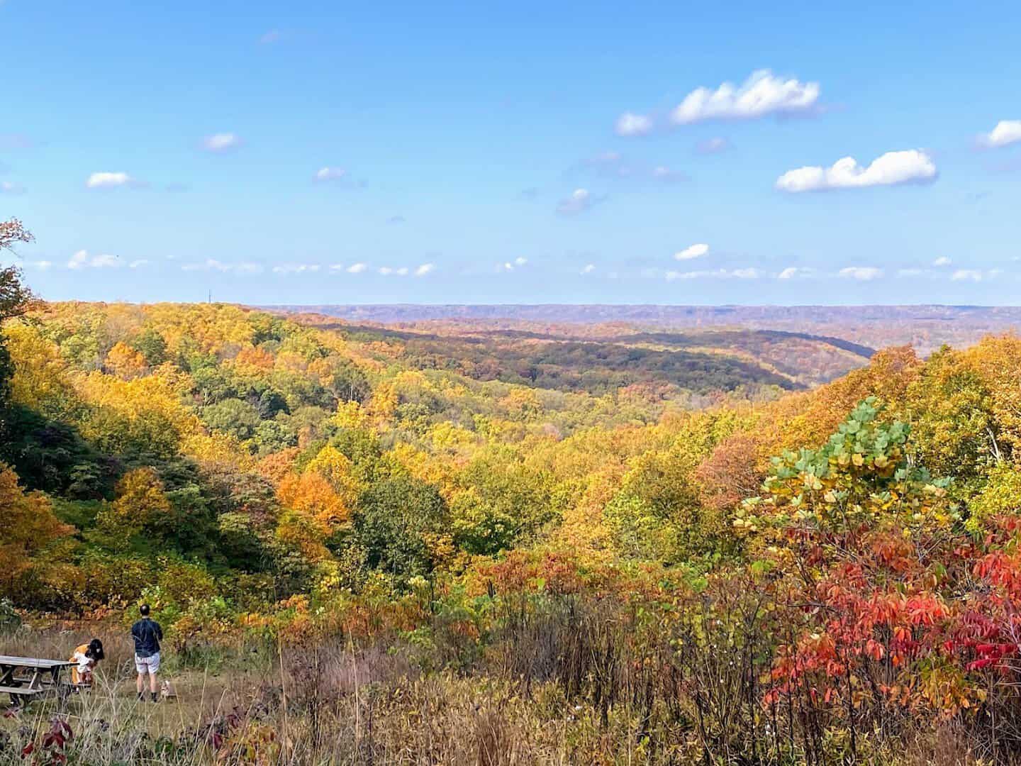 Rolling hardwood hills in full fall color at Brown County, Indiana