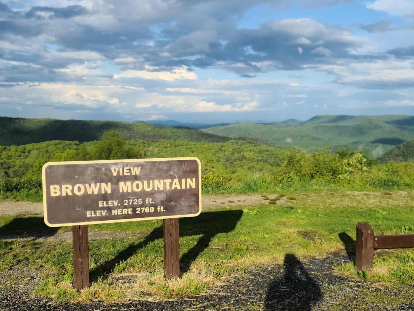 View Brown Mountain overlook sign on Highway 181 in Burke County, North Carolina
