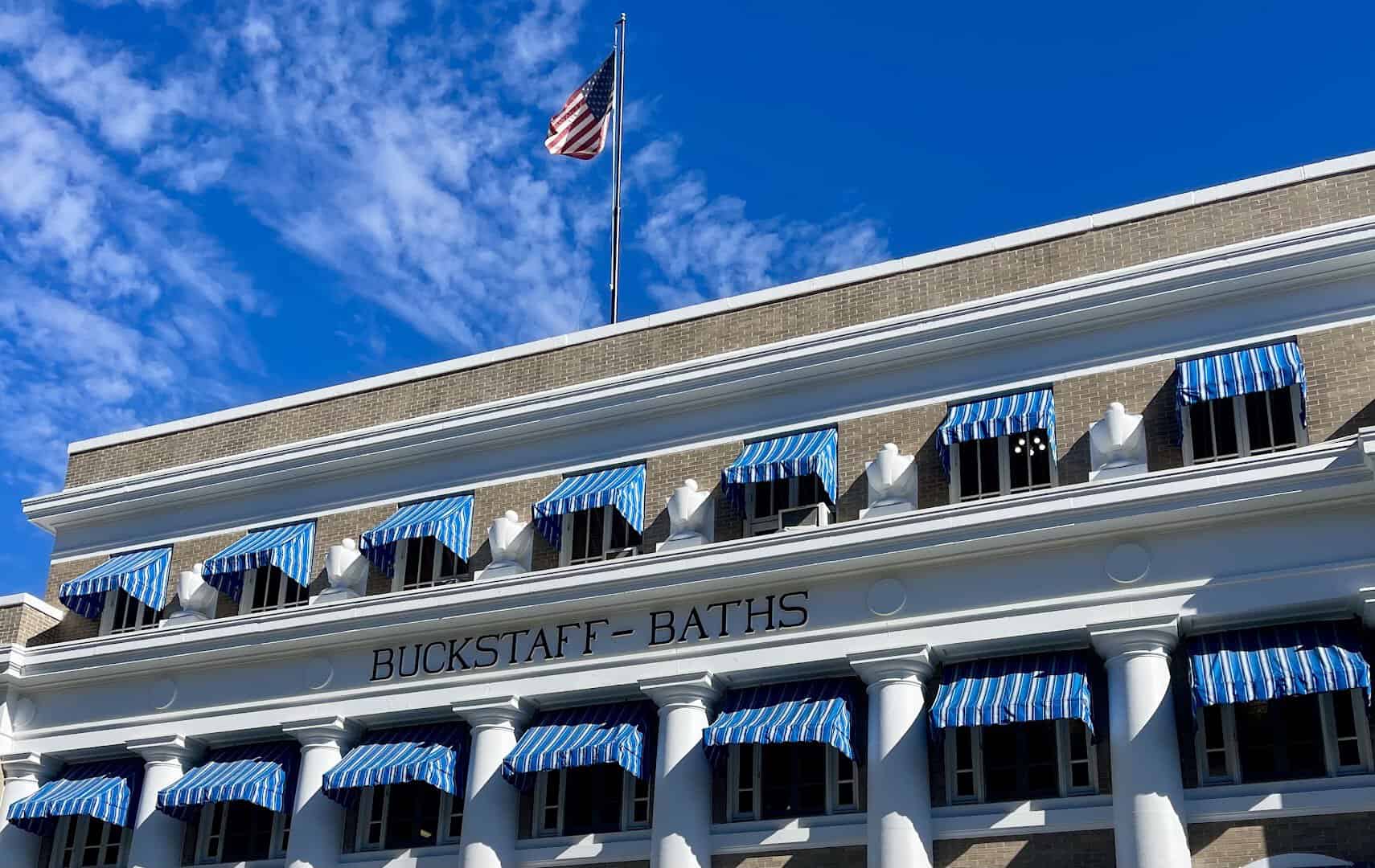 Historic Buckstaff Bathhouse with blue awnings on Bathhouse Row, Hot Springs, Arkansas