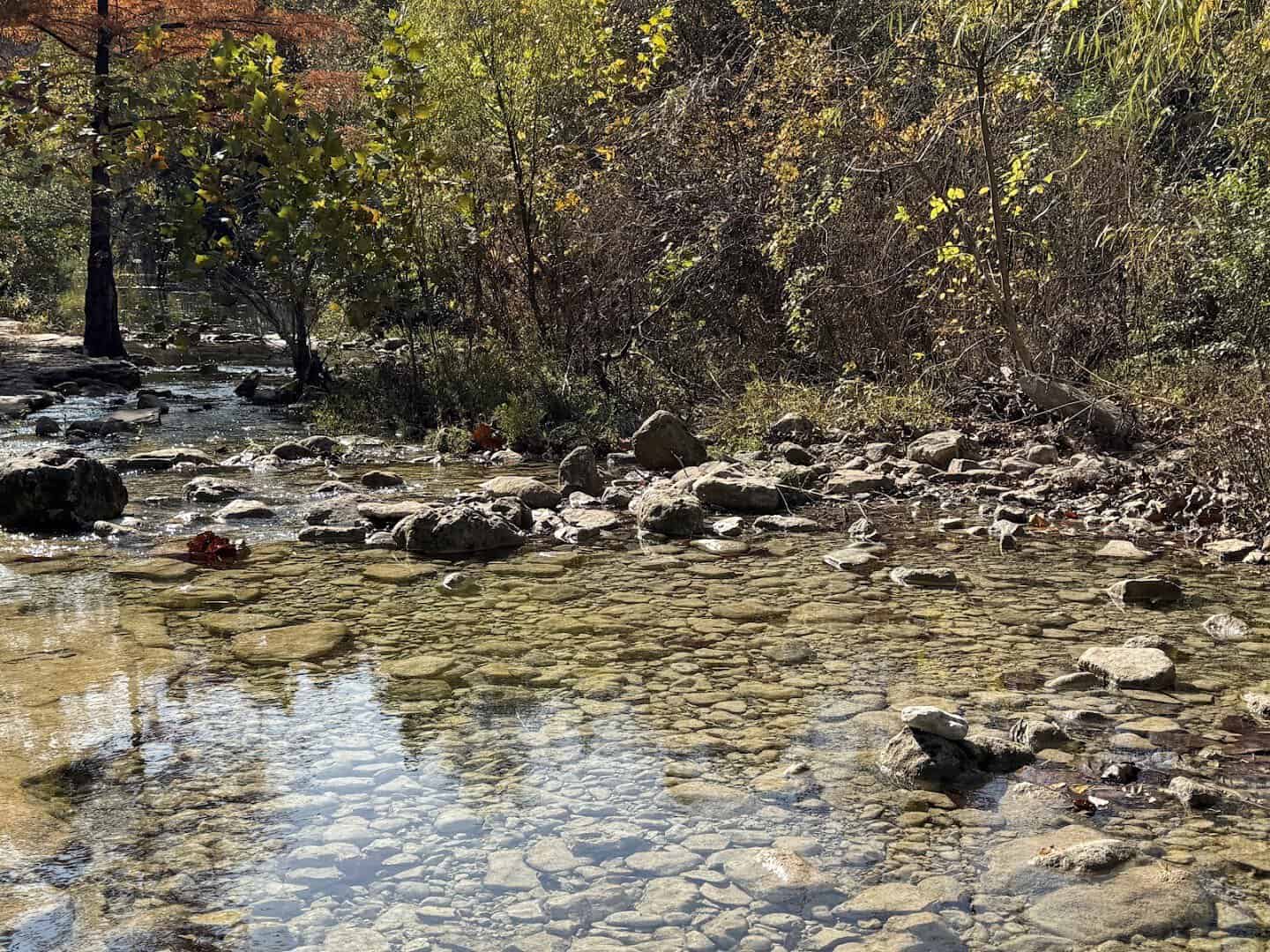 Clear rocky creek with fall foliage on Bull Creek at St. Edwards Park in Austin