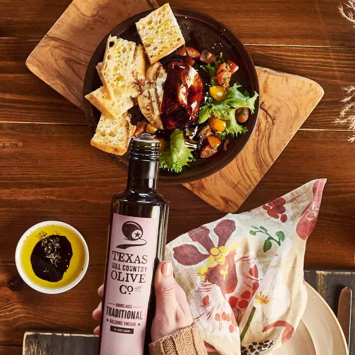 Burrata and caprese with balsamic vinegar at Texas Hill Country Olive Co. bistro