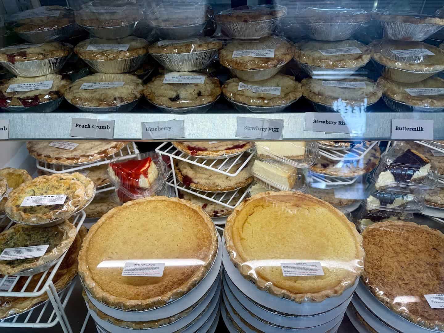Racks of buttermilk and chess pies at Texas Pie Company in Kyle, Texas