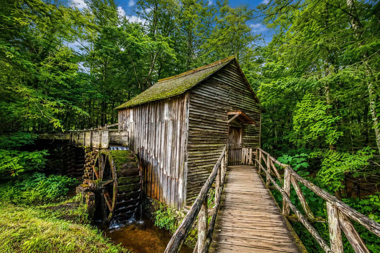 Historic Cable Mill in green forest at Cades Cove, Great Smoky Mountains National Park, Tennessee