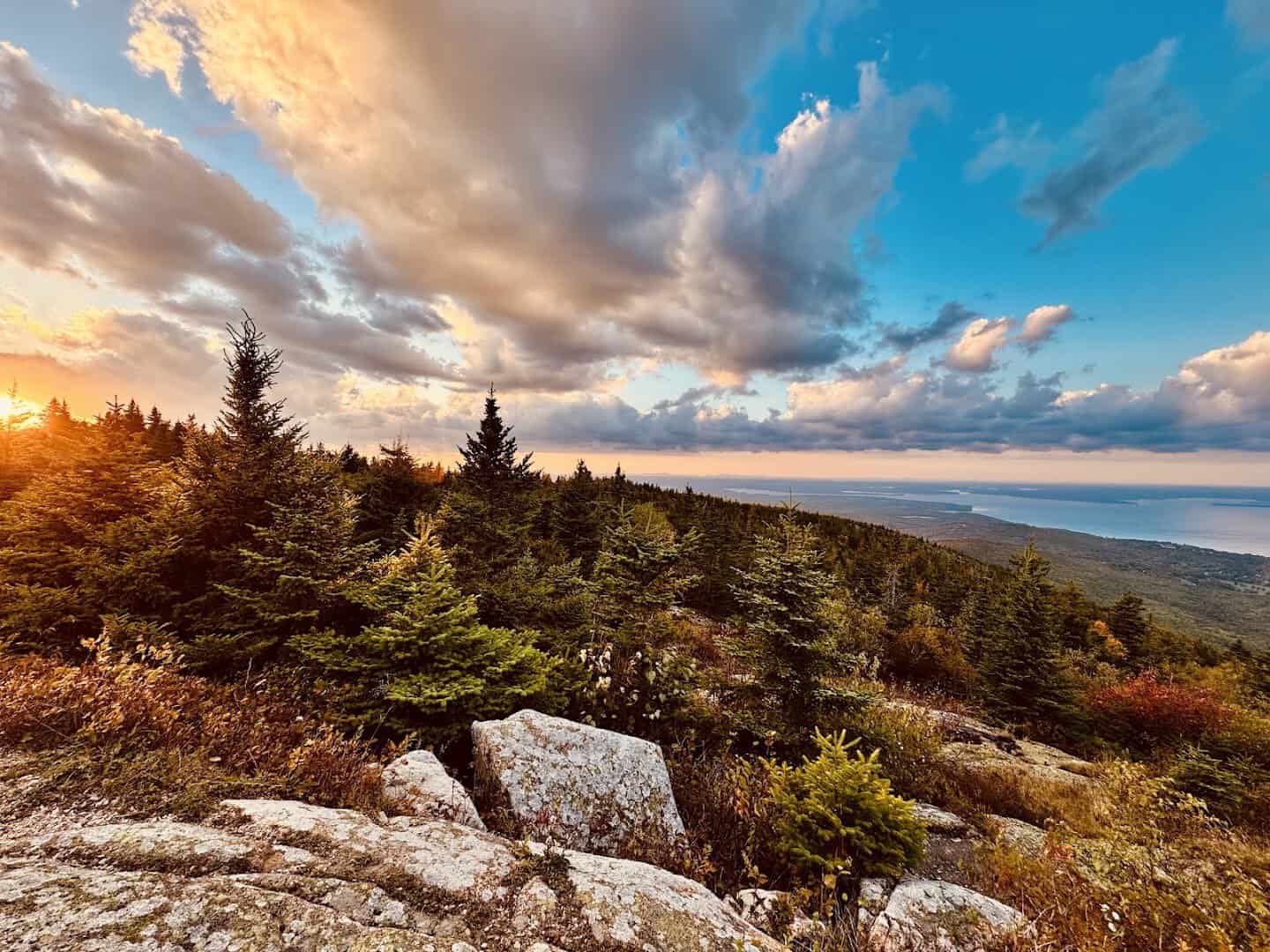 Autumn color and golden sky from Cadillac Mountain above Bar Harbor, Maine