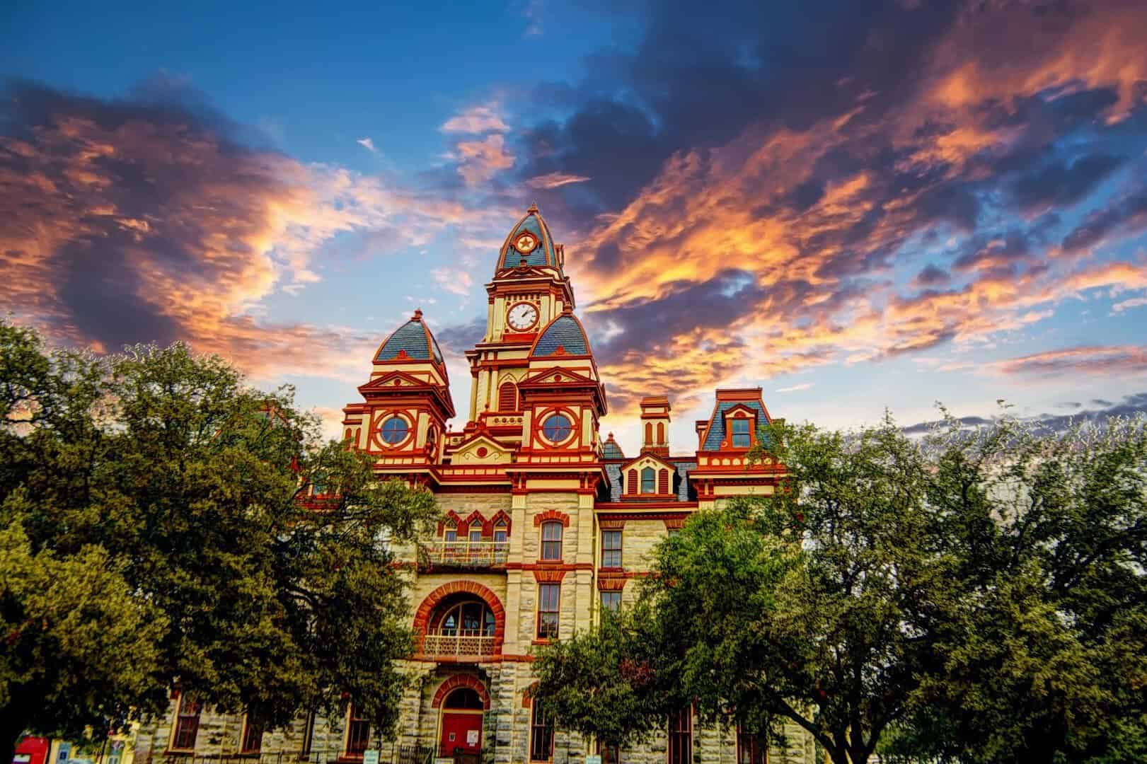 Caldwell County Courthouse at sunset on the town square in Lockhart, Texas