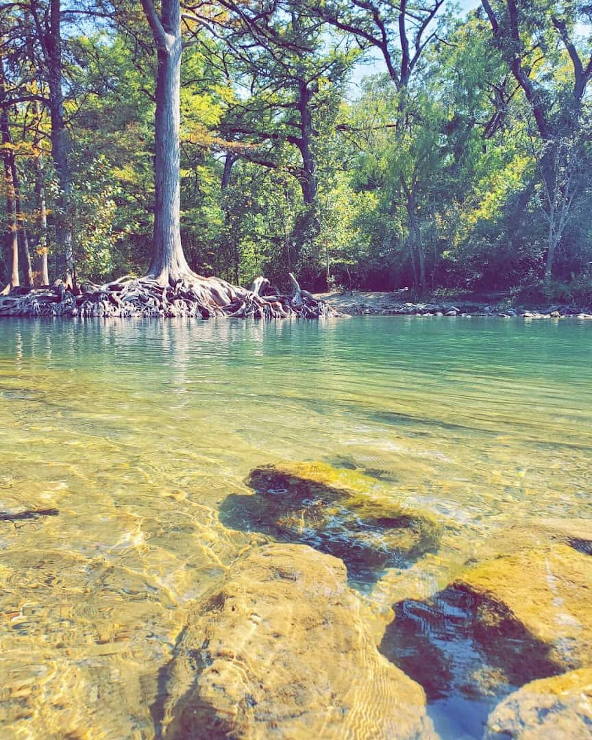 Clear water over exposed limestone rock at Canyon Lake, Texas