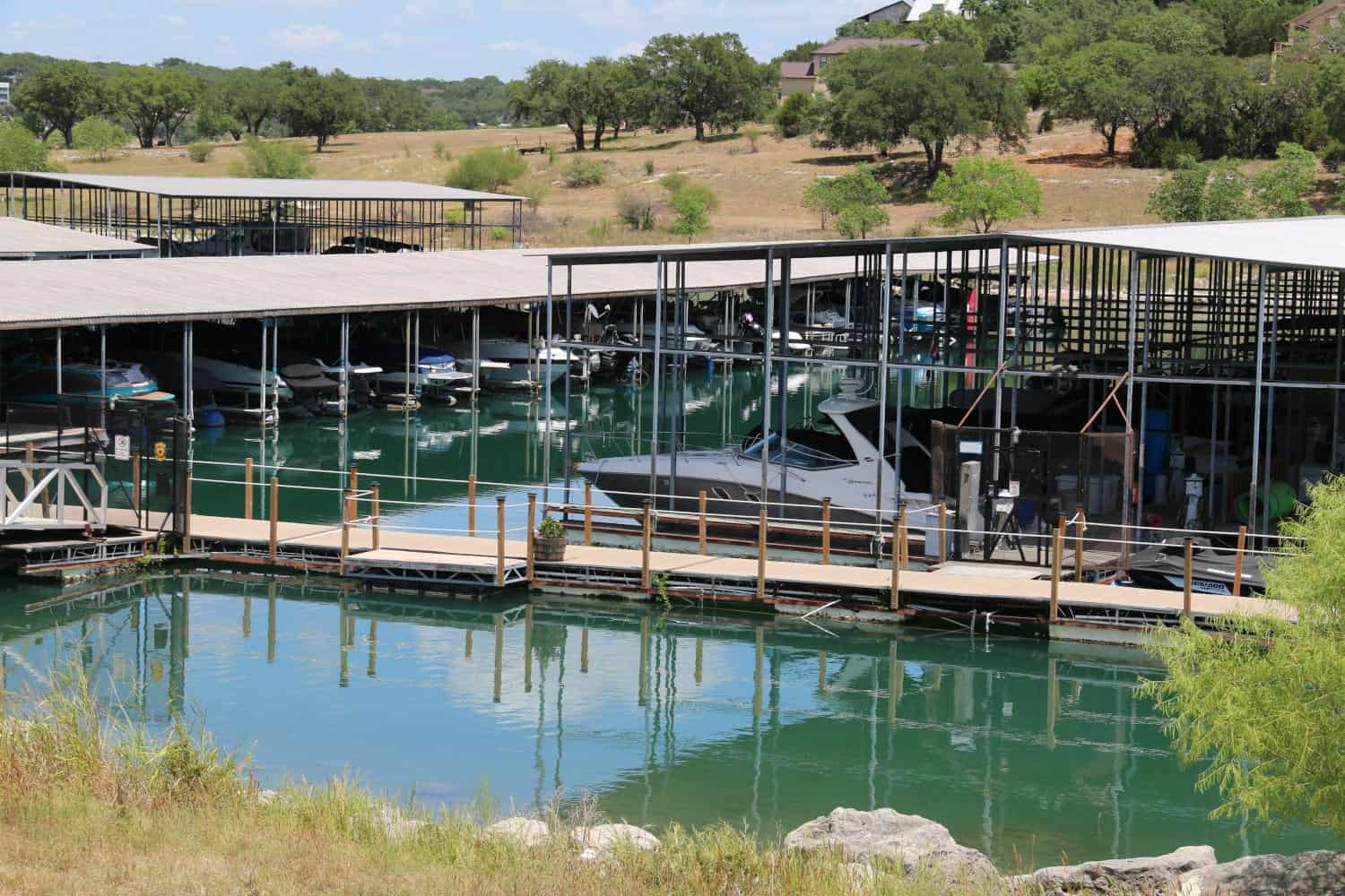 Marina and covered boat docks at Canyon Lake, Texas