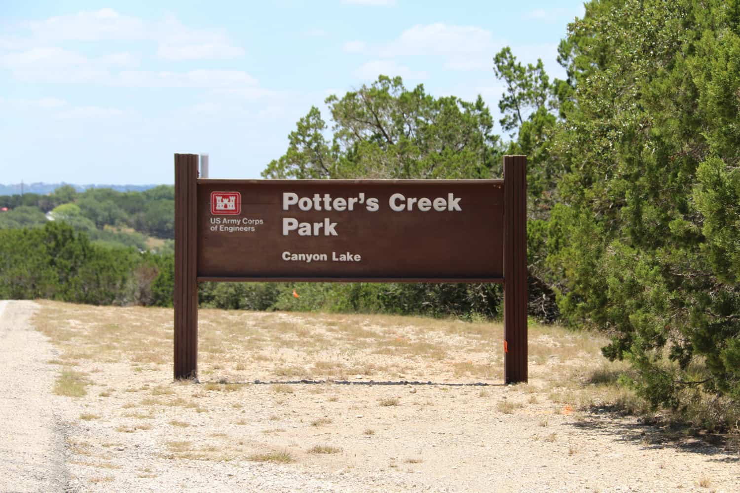 Potters Creek Park sign at Canyon Lake, Texas