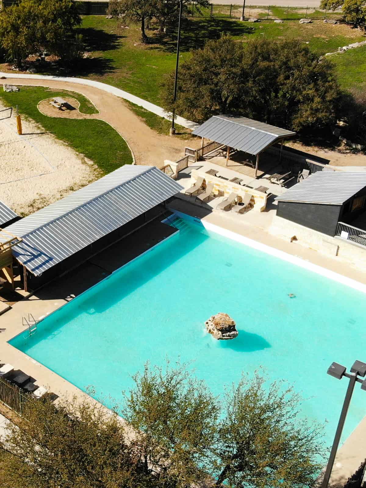 Canyon Lakeview Resort cabins and pool above Canyon Lake in the Texas Hill Country