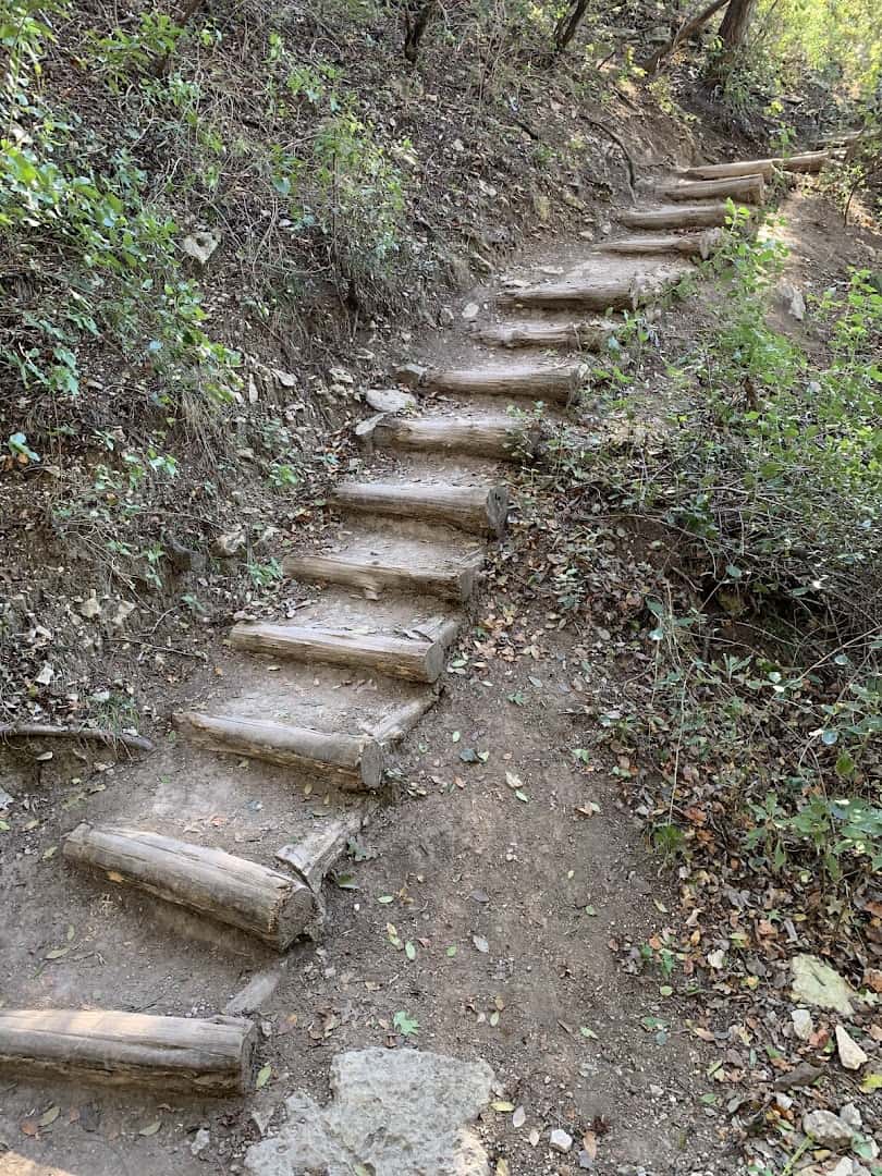 Stone and wooden steps descending into the canyon at River Place Nature Trail in Austin, Texas