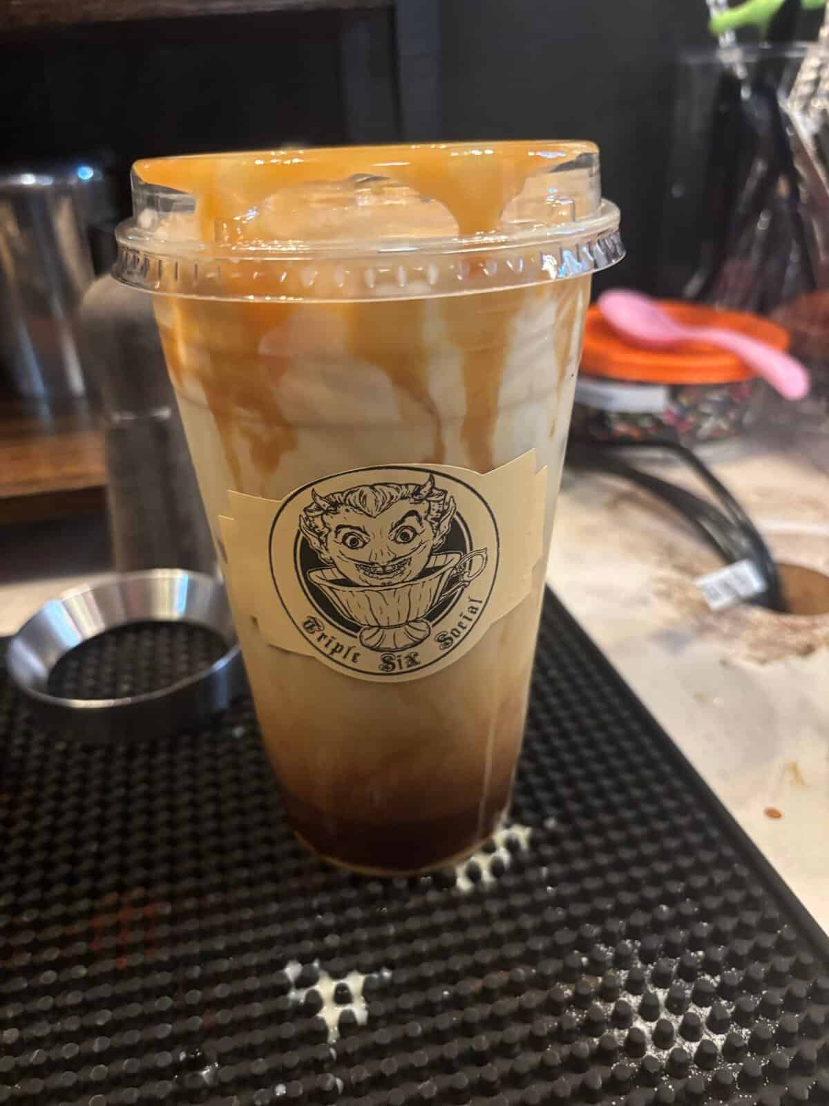 Caramel iced latte at Triple Six Social in San Marcos