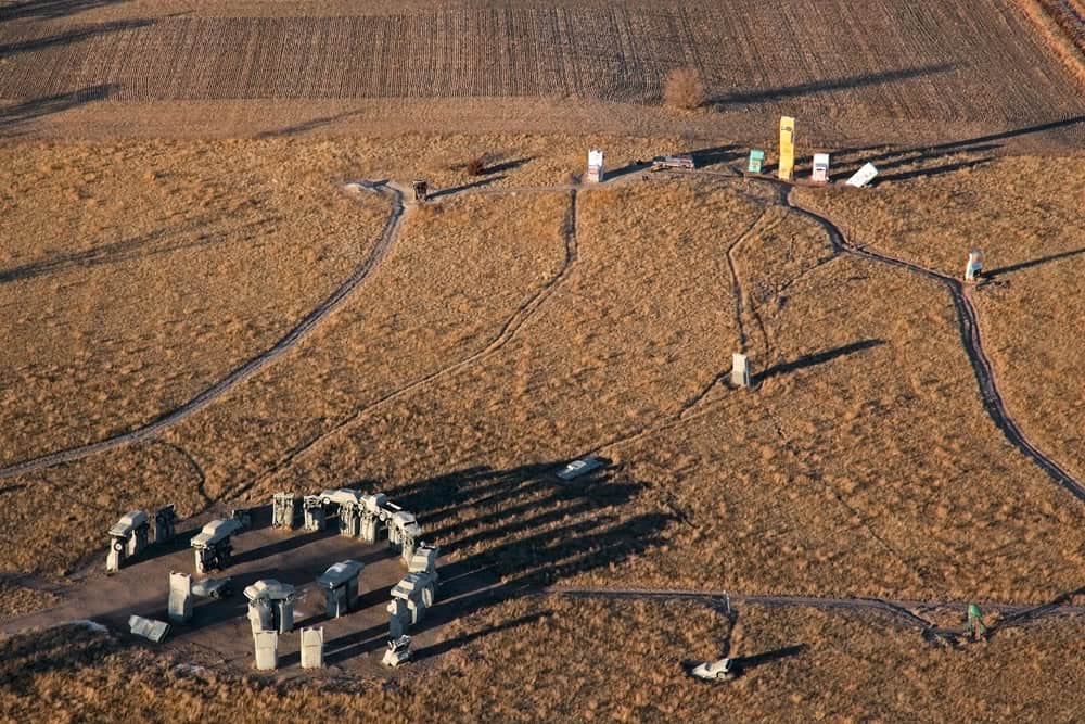 Carhenge, a Stonehenge replica made of gray cars, near Alliance, Nebraska
