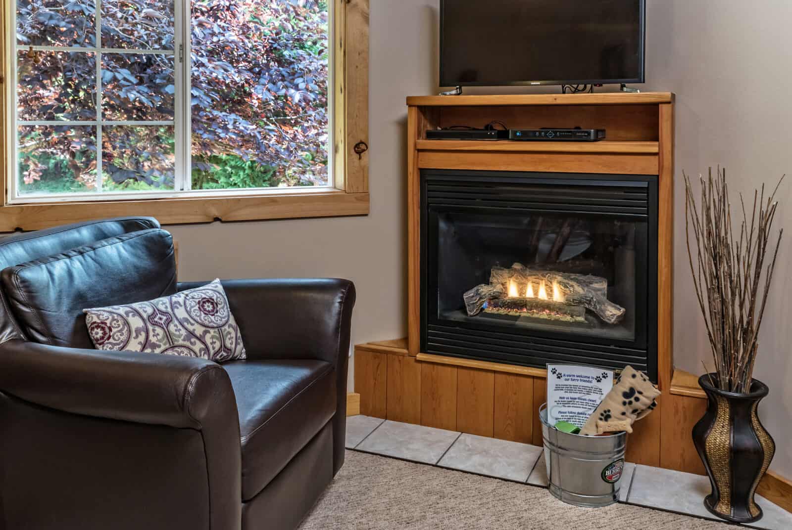 Cozy log cabin living room with fireplace at Carson Ridge Luxury Cabins in Carson, Washington