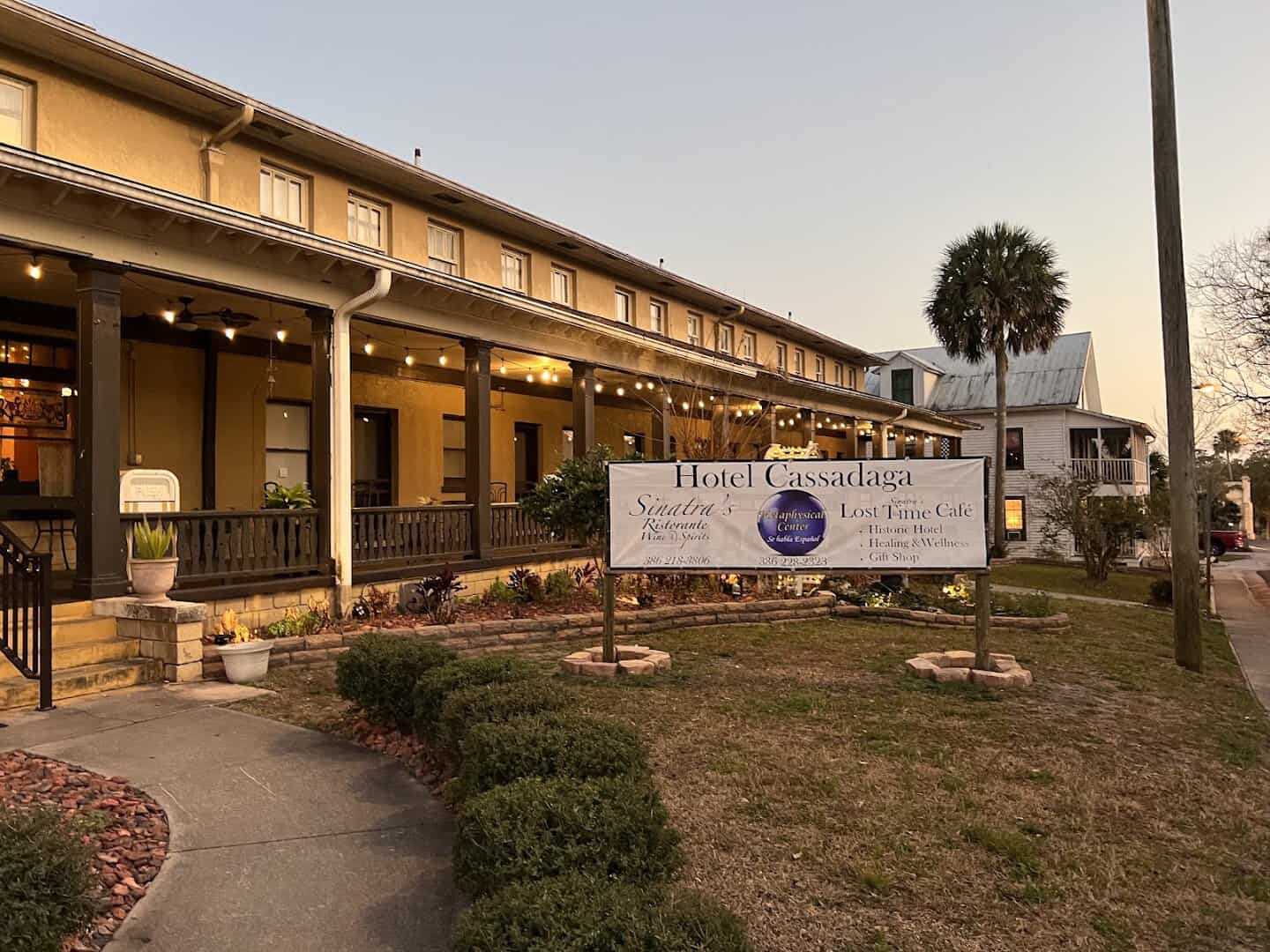 Hotel Cassadaga building lit up at dusk in Cassadaga, Florida