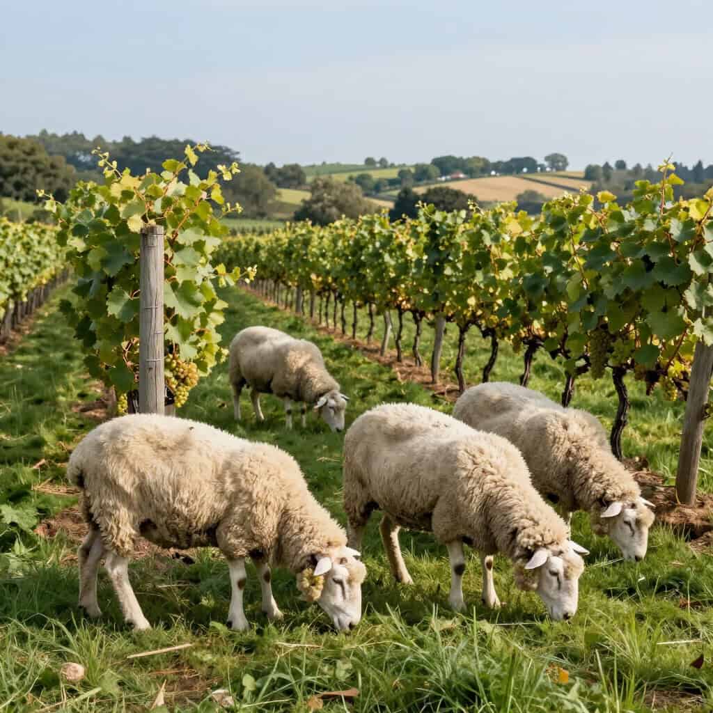 Ripe grape clusters and sheep grazing the vineyard at Castello di Amorosa in Calistoga, California