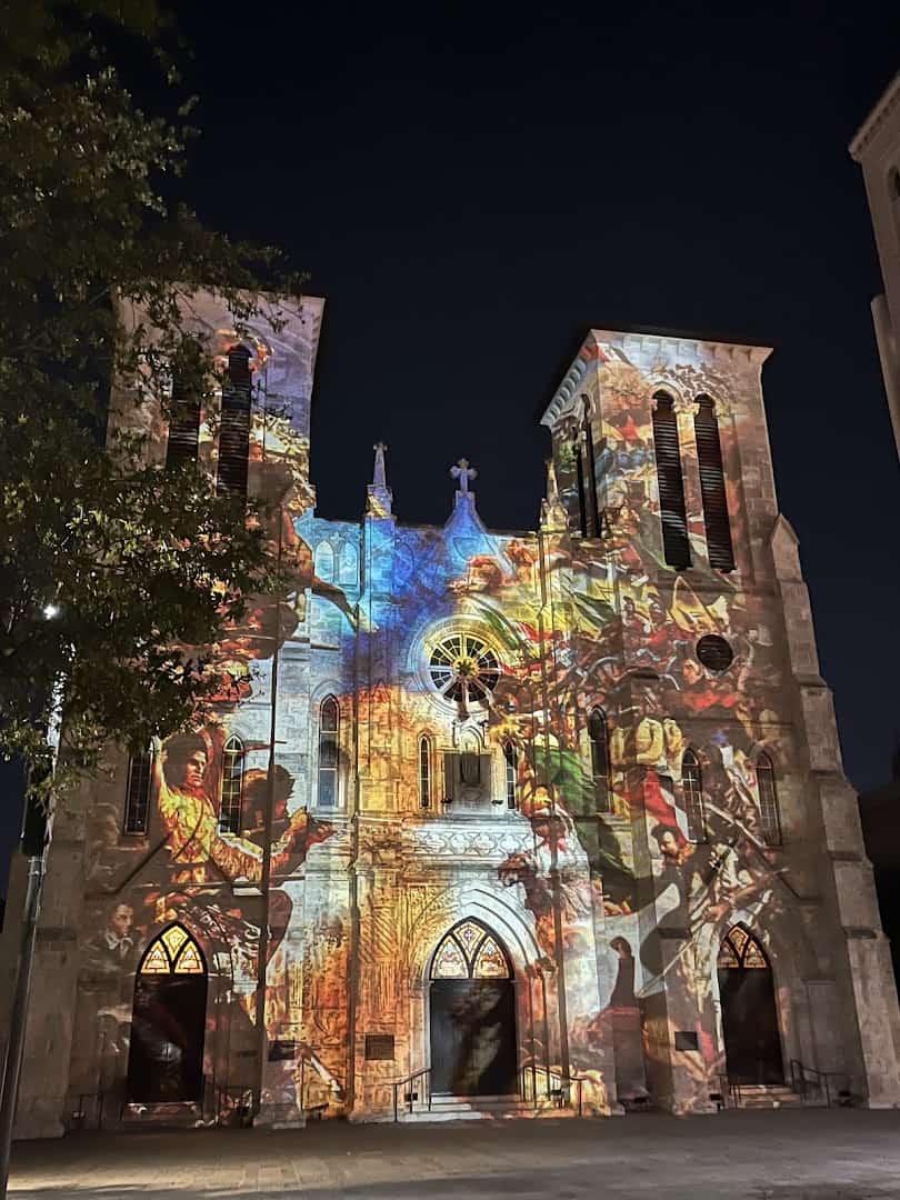 San Fernando Cathedral lit up during the Saga projection show in San Antonio