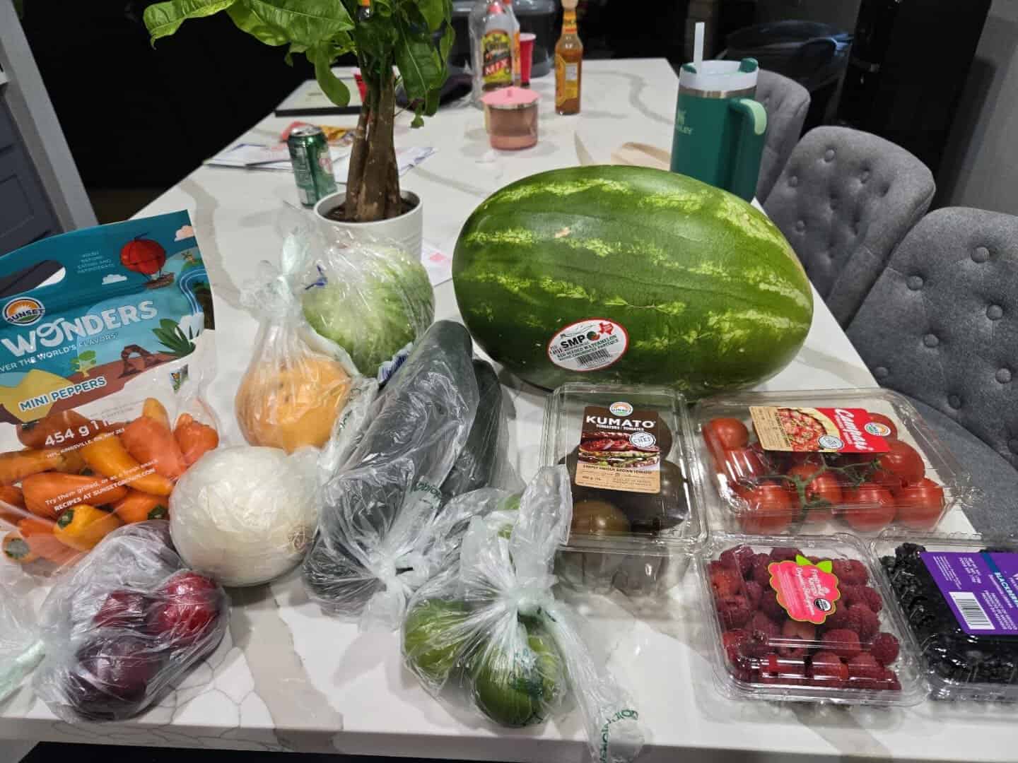 A produce haul of watermelon, peppers, tomatoes and berries from The Cedar Market Ranch in Dallas