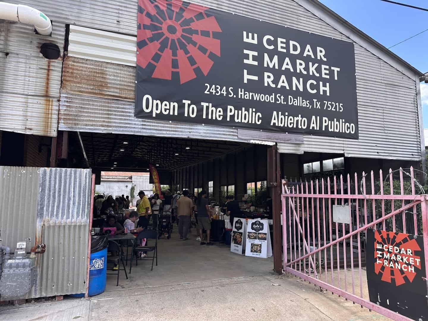 Entrance banner reading Open To The Public at The Cedar Market Ranch in Dallas