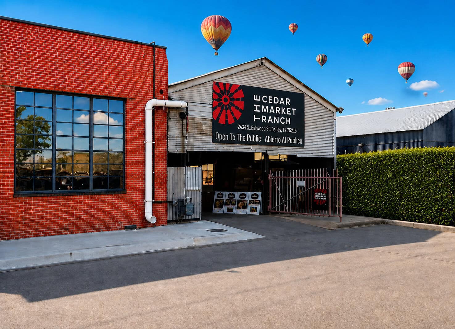 The Cedar Market Ranch produce warehouse exterior in Dallas, Texas