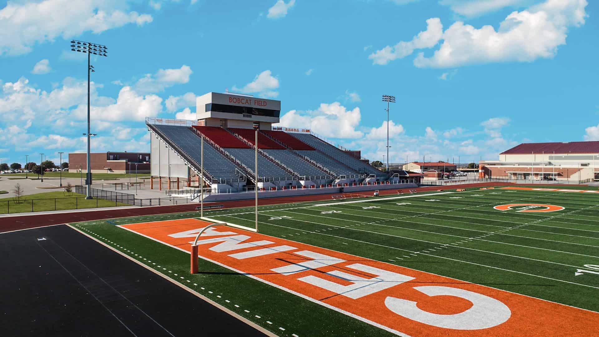 Bobcat Field football stadium with the Celina end zone in Celina, Texas