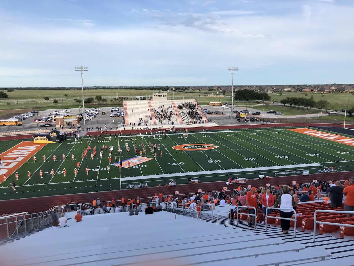 Friday night football and marching band at Bobcat Field in Celina, Texas