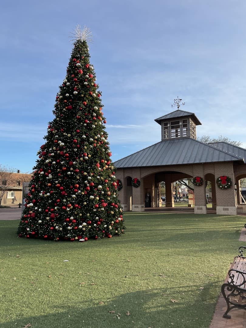 The Christmas tree and decorated pavilion on the downtown square in Celina, Texas