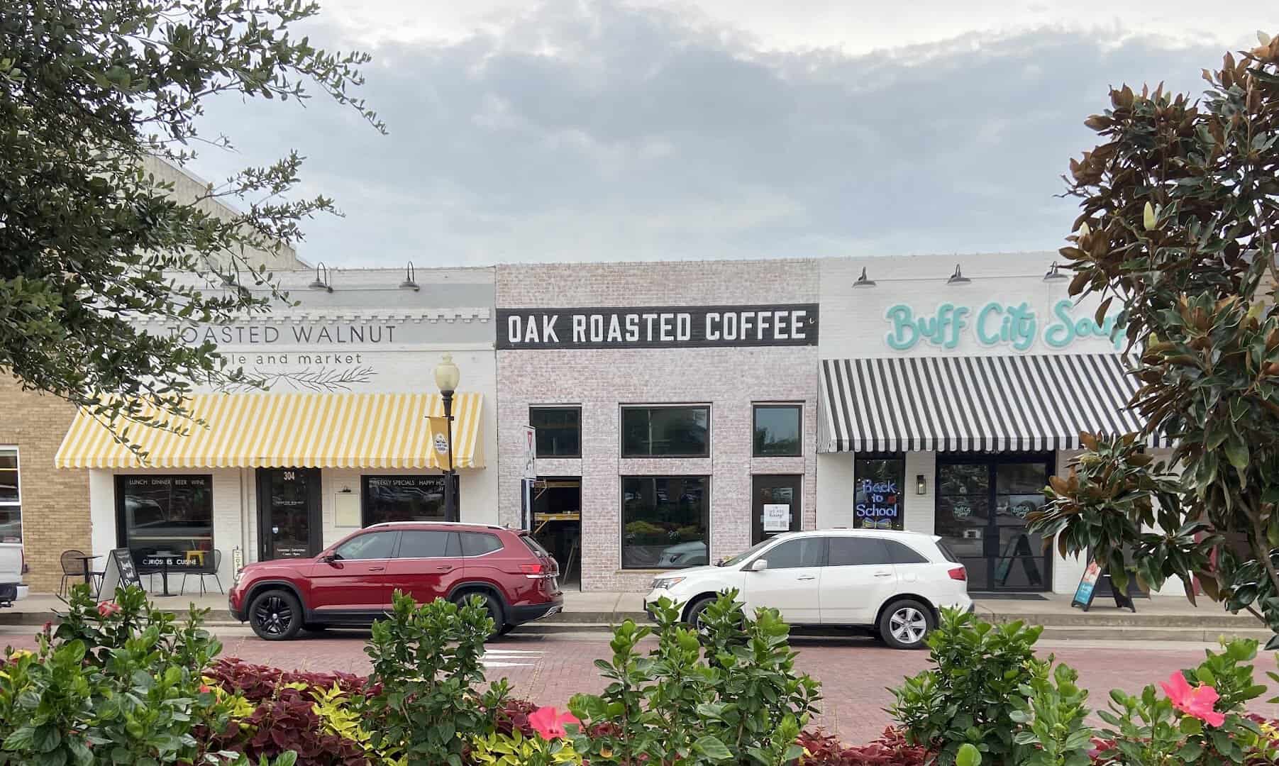 Toasted Walnut and Oak Roasted Coffee storefronts on the Celina, Texas town square