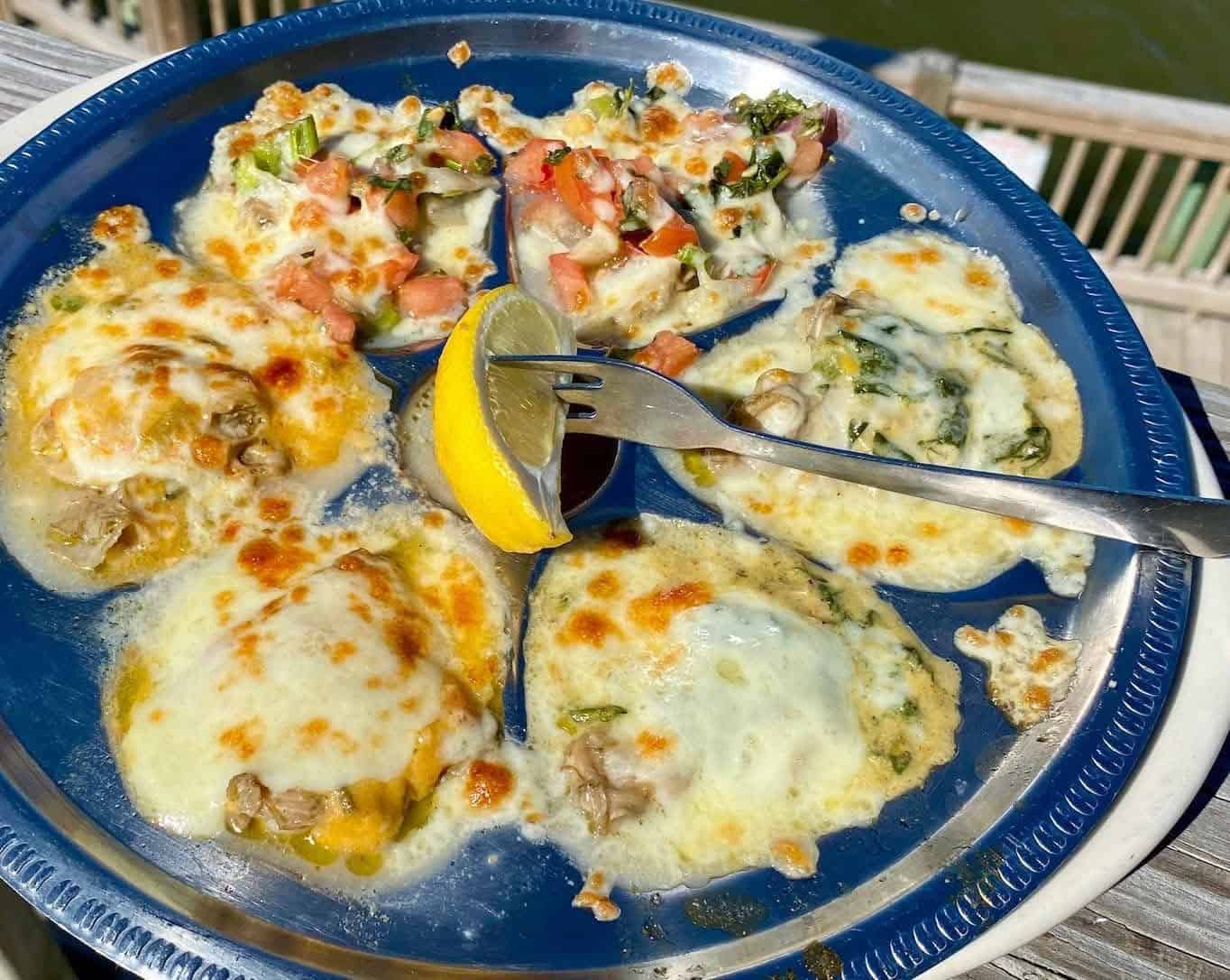 Chargrilled oysters at Stingaree Restaurant in Crystal Beach