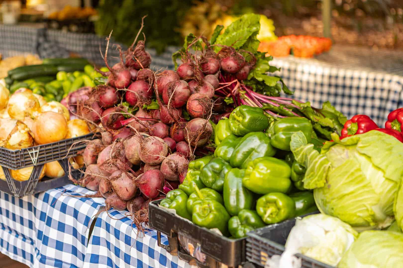 A colorful produce display at the Charleston Farmers Market in South Carolina