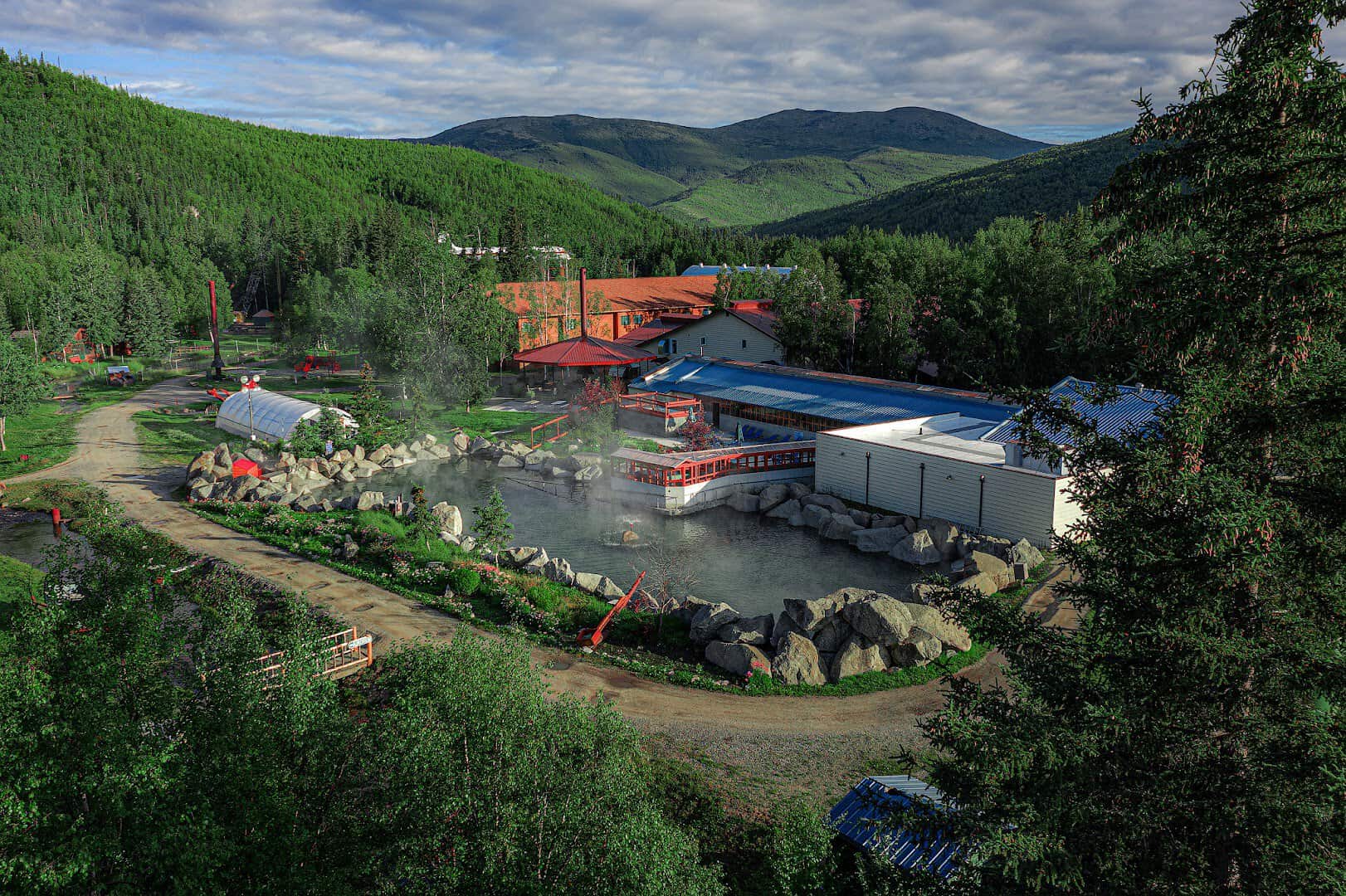 Aerial view of Chena Hot Springs Resort and its rock lake near Fairbanks, Alaska