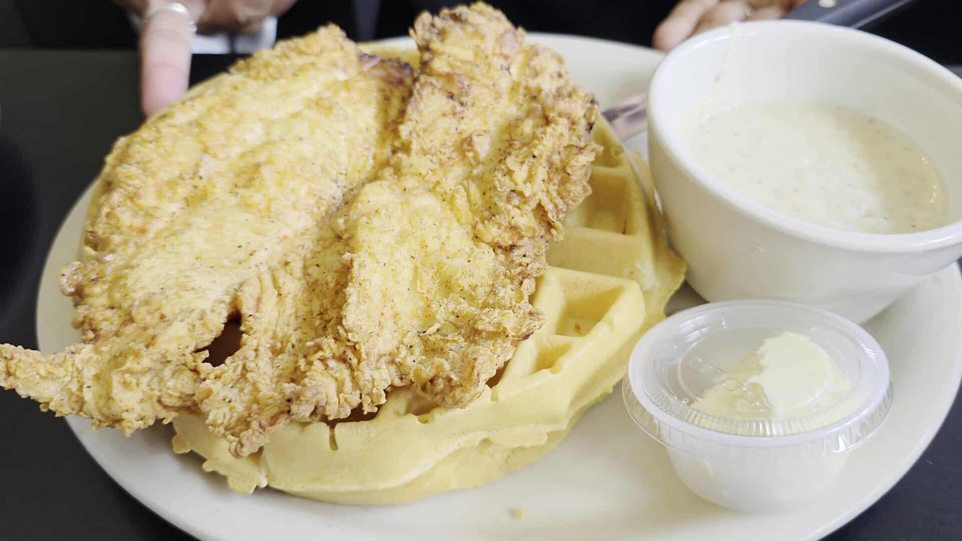Chicken and waffles with cream gravy at Jonathon's Diner in Dallas